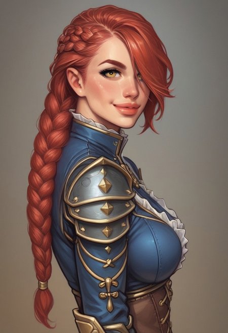 1girl, ((((side view)))), illustration, looking at viewer, highly detailed, from front, 1girl, illustration, looking at viewer, highly detailed, source_comic_illustrationskinny, looking at viewer, 1girl, masterpiece, best quality, Her , full body portrait, 1girl, <lora:agrias-nvwls-v3:1> agrias, armor, corset, blue dress, brown gloves, weapon, cross-laced boots, looking at viewer, sidelocks, braided ponytail, yellow eyes, Romance, sci-fi, artificial intelligence, highly detailed
BREAK 
slight smile, looking at viewer, 
BREAK 
long hair, red hair, hair over one eye, big hair, 
BREAK 
best quality, depth of field, bokeh, (((full clothed)))  (best quality, high detail), ((masterpiece)), <lora:1_ino_20e:1>
BREAK 
((((field, farm)))) score_9, score_8_up, score_7_up, score_6_up, source_cartoon, rating_explicit, Expressiveh, (((((upper body))))), dynamic pose
