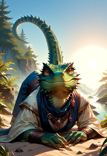 score_9, score_8_up, score_7_up, (masterpiece:1.2), sharp focus, (4k, high quality, best quality:1.2), (zPDXL3), detailed eyes, realistic, cowboy shot,
solo, 1girl, lizardfolk, petite, anthro lizard, slit pupil, green scales, pale belly, tail, basking in the sun, all fours, ass up, looking at viewer,