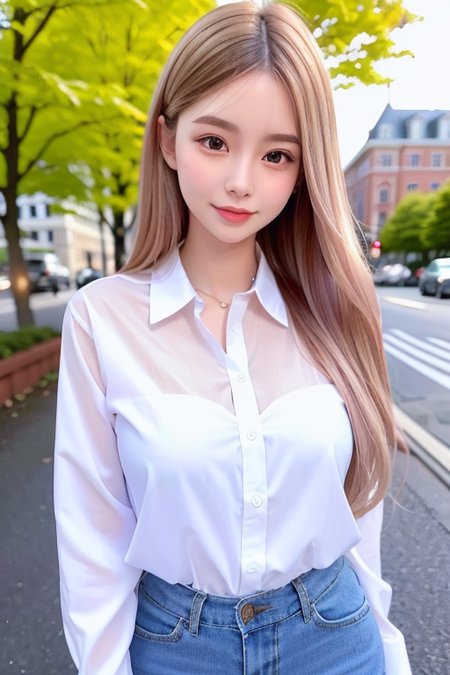 best quality, white skin, real human skin, (detailed fac), oval face, pores, ultra high res, (8k, RAW photo, photorealistic:1.4), 1girl, slim, (looking at viewer with a serene and goddess-like happiness:1.2), ( lipgloss, eyelashes, gloss-face, best quality, ultra highres, Broad lighting, natural shading), oversized jacket, fashion shirt,  cityscape, <lora:EastAsiaDollLikeness_V4:0.8>