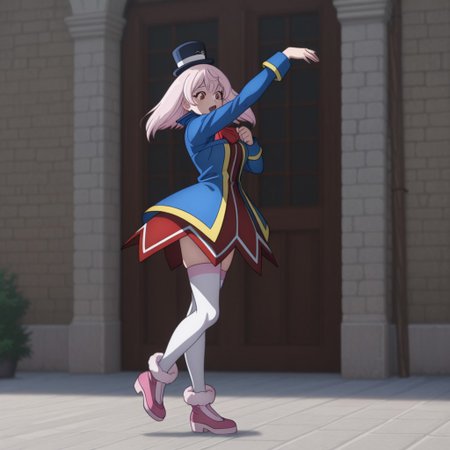 masterpiece, best quality, amazing quality, emulslfILv2, human, female, pink hair, reddish orange eyes, dark blue top hat, red dress white trim, blue jacket yellow trim, red ascot, white thighhighs, pink shoes, outside, dancing, solo