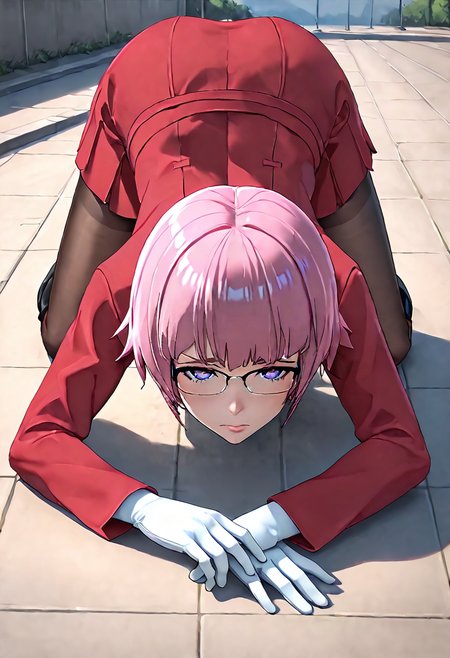 <lora:sdxl_lightning_8step_lora:1> <lora:Fixhands_anime_bdsqlsz_V1:1>score_9, score_8_up, score_7_up, source_anime, intricate details, perfect anatomy BREAK
1girl, solo, gis-esakipurin, pink hair, short hair, purple eyes, black-framed eyewear, red coat, white gloves, gis-esakipurin outfit, brown pantyhose, black boots,
upskirt, top-down bottom-up, Sad, downturned mouth, drooping eyelids, and furrowed brow., outdoors, 
<lora:gis-esakipurin_XL(pony)fix:0.9>