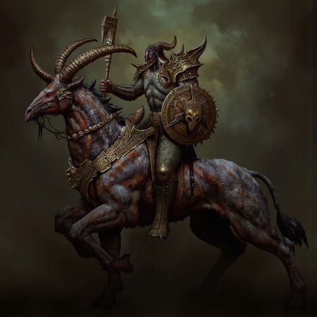 first person pov, 3D01S, simple background atmospheric and powerful dark fantasy, natural organic and first person pov of a berserk style 
 a fearsome centaur, Slaughtaur, a grotesque fusion of man and beast from the Hexen universe. The centaur has a hulking, muscular human torso that merges into a four-legged beastly lower body. Its upper body is covered in jagged, battle-worn armor, with broad spiked pauldrons curving outward like horns. Its helmet, sharp and angular, hides its face, but glowing red eyes peer through a skull-like visor. One arm wields a massive spiked shield with a grimacing demonic face, while the other clutches a brutal, notched sword, its edge dripping blood.
The Slaughtaur’s  centaur lower body is muscular and armored, with dark fur patches and metal plating that follow its powerful frame. Its legs end in clawed hooves, cracking the ground with every step. Jagged ridges run along its back, highlighting its predatory form. Scars cut across its torso, visible through the cracks in its armor. The circular, serrated shield looks like it could also serve as a deadly weapon, further emphasizing the Slaughtaur's terrifying presence.
UHD letterboxed game trailer frame chromatic aberration dark atmosphere sharp masterpiece with a focus on the character, elden ring style, dark atmosphere, chromatic aberration