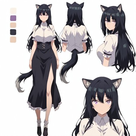 solo,anime coloring,looking at viewer,masterpiece,high score,great score,absurdres,<lora:Mira ag4o:0.8> mirachar, black hair, long hair, animal ears, purple eyes,white shirt,tail,black skirt,<lora:character_Sheet_XL:1> character sheet, multiple views,