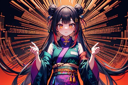 highly insanely detailed, masterpiece, top quality, best quality, highres, 4k, 8k, RAW photo, (very aesthetic, beautiful and aesthetic),  
(code_style,codestyle),english text,traditional chinese text,japanese text, 
<lora:CodeStyle (half generic class)_564920:0.6>, 
(1girl:1.3), 1other, 
neon orange background,neon purple background,(EPtiedyeworld,tie-dye color background,colour sequence background),âââ