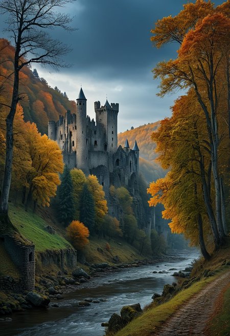 masterpiece, 16k, UHD, best quality, high res, a small town is located on the banks of a small river, hugging the banks. Immediately behind the town begins a dense forest of intertwined centuries-old trees. A little further, the ruins of a gloomy ancient castle stick out from the forest, blackening against the gray autumn evening sky, awesome background, high detailed, intricate
 <lora:aidmaMJ6.1_v0.5_2:0.9> <lora:add-detail-xl:0.5> <lora:linquivera:0.8>