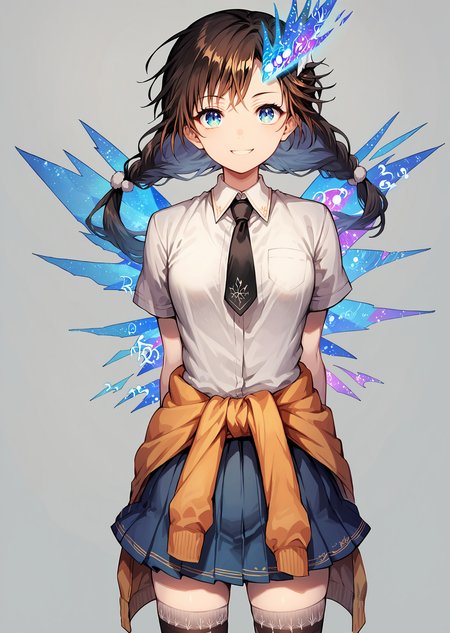(score_9, score_8_up, score_7_up), BREAK source_anime, 1girl, solo, rirei \(fairy chord\), rirei \(fairy wings\), rirei \(hair ornament\), rirei \(clothes around waist\), black necktie, smile, thighhighs, arms behind back, looking at viewer, facing viewer, standing, cowboy shot, simple background,  <lora:rirei_pony_ver1:0.9>