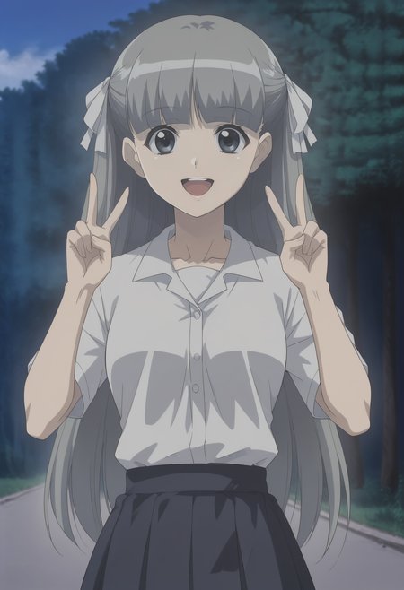 <lora:Hakana-Girls_Bravo:0.8>,1girl,solo,Hakana,long hair,hair ribbon,bangs,grey hair,anime coloring,shirt,skirt,looking at viewer, smile,double v, outdoors,open mouth,