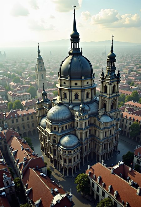 aerial view over a 19th century german city, impressive cathedral architecture next to a railway station, urban experience, mountains in the far distance, at dawn, clear sky, gothikz, koln