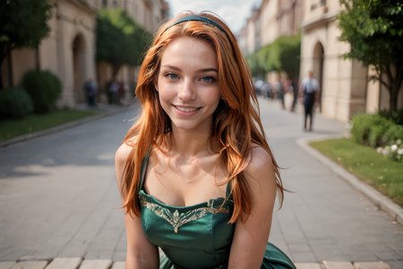 (score_9, score_8_up, score_7_up, score_6_up,outline, depth of field),masterpiece, best quality, realistic, 
  ,  green gown,, blue eyes, hairband, surprised smile,  ginger hair, long hair, straight hair, kneeling, <lora:Emelie Nobody_epoch_12_Pony_VX:0.8> 3m3li3vx,
