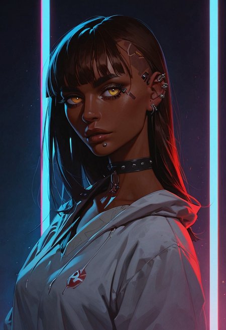 score_9, score_8_up, score_8_up, 1 Indian girl, dark-skinned girl, cyberpunk, brown hair, ((long hair)), ((bangs)), straight hair, piercings, choker, portrait, ((streetwear)), average tits, teardrop shaped tits, fit body, thin waists, beautiful, night neon lighting, negative_hand, g0thicPXL, GTA