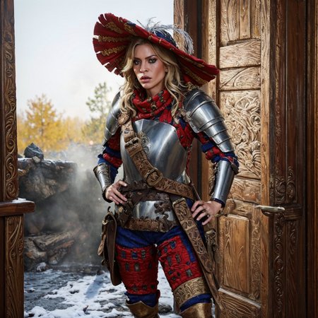 RAW photo, (masterpiece:1.3), subsurface scattering, heavy shadow, (high quality:1.4), (intricate, high detail:1.2), professional photography, HDR, High Dynamic Range, realistic, ultra realistic, photorealistic, high resolution, film photography, ambient lighting, atmospheric effects, <lora:detail_slider_v4:2>, OverallDetail, Amber, <lora:Amber:1>, as a female landsknecht,  <lora:Landsknecht:0.8>, hat, boots, armor, plume,  <lora:zoom_slider_v1:2>