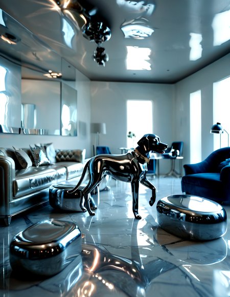 score_9, score_8_up, score_7_up, chromelora, dog, solo, chrome skin, potrait, reflecting, shiny