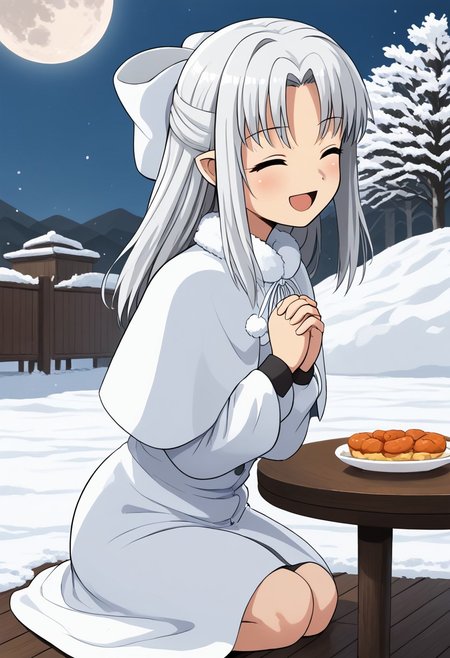 1girl, solo, len, shiro, outdoors, dark blue sky, moon, snow, sitting,, wariza, floor, table, behind table, food, hotpot, hands together, closed eyes, open mouth, smile,