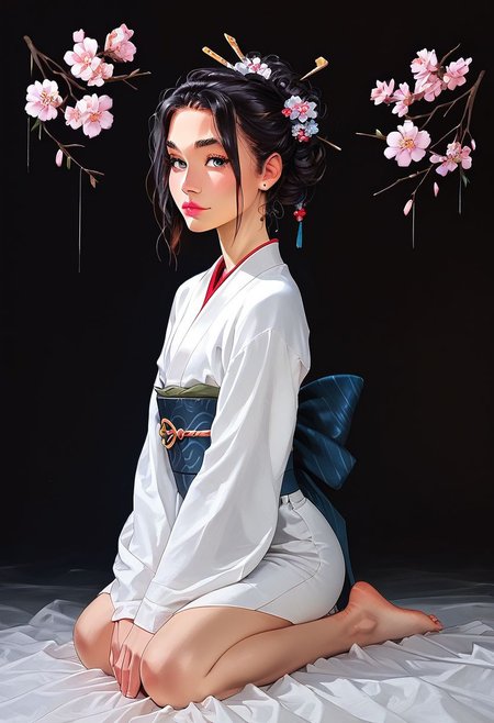 score_9, score_8_up, realistic, photo, highly detailed, fantasy, traditional media, 
/BREAK/ 
solo:1.1, alone:1.1, ((20 year old femboy), Japanese, black hair, feminine face, tall, slim, long face, slim waist, feminine jaws, ((huge eyelashes)), geisha makeup, Japanese kimono, background traditional Japanese home, detailed background, ((geisha make up)), bare feet, exposed feet, dark background, tiny mouth, dark eyes, cherry blossom, bright smile, ((kneeling))