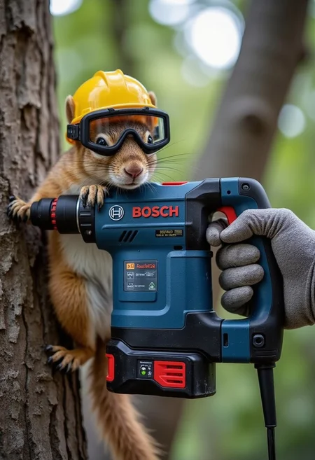 A squirrel wearing construction goggles, holding the Bosch hammer drill, building a tiny house in a tree. "A Bosch power tool, specifically a hammer drill, is being held by a gloved hand. The drill features a blue body with red accents and a visible battery pack, logo reads BOSCH."
