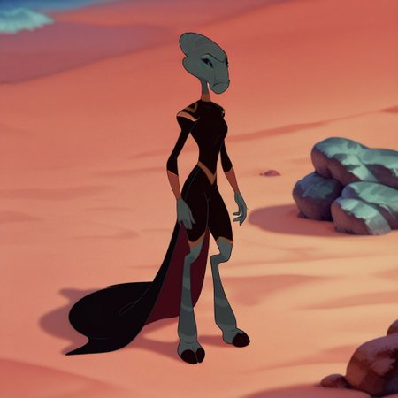 masterpiece, best quality, very aesthetic, absurdres, safe, masterpiece, best quality, amazing quality, GrandCWil, anthro, female, alien, blue-green skin, blue eyes, black sclera, hooved feet, black bodysuit, gold trim, black cloak, standing, on beach, solo, 1girl, <lora:82683518-0efd-447a-a4f1-791263302f53:1.0>
