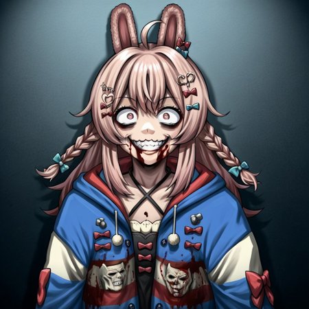 masterpiece , best quality, 1girl, solo, source_anime, PippaBase, long hair, braid, ahoge, hair ornament, hair bow, multicolored jacket, sleeves past wrists, criss-cross halter, (psychotic smile:1.1), (evil expression:1.1),  bulging eyes, smiling at viewer, blood on face, grin, female focus, evil smile, Sinister_Smile, shadow on the face, Macabre, Terror, Menacing_Smile, Disturbing_Expression, Grotesque_Style, Painting, Intense_Colors, Dark_Contrast