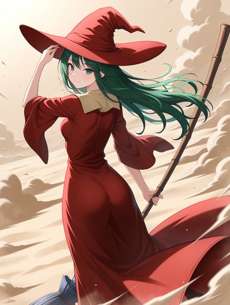 mystical sand,1girl,solo,broom,holding broom,sand,smile,red witch hat,adjusting hat,red long dress,dust,sand,wind,floating hair,looking_back, from behind
masterpiece,best quality,amazing quality,very aesthetic,absurdres,newest,<lora:Mystical Sand illuXL v1:0.77>,