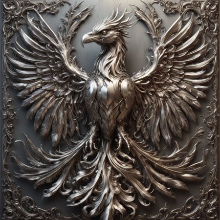 Steel/ral-polishedsteel  Phoenix, Diamond Line, (Golden Beak: 1.1), Sharp Focus, Atmospheric Lighting, Highly Detailed, Overall Detail, Ornate, Macro, Shallow DOF, Atmospheric Dust,
