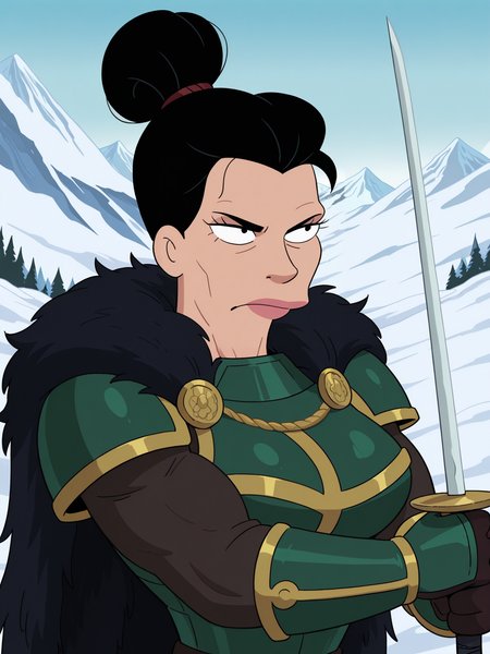 adult woman, mature, black hair, muscular female, green armor, gloves, fur cape, holding sword, battle stance, snow, mountains, solo, upper body, close-up,
,  <lora:FuturamaHRIL:1>, best quality, absurdres