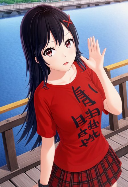 (masterpiece, best quality, absurdres), (realism:2), Yumi Yamaguchi, long hair:0.5, (black hair:2), red hair clip, 1girl, solo, (standing on bridge:2), (waving at viewer:2), Arms stretched up, (magical girl outfit)