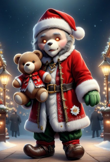 (PEJoker dressed as Santa Claus, holding a xmastedx teddy bear, high quality, HD, full body, dramatic lighting, cinematic composition, detailed, , intense eyes, concept art, trending on ArtStation, (dark, evening, (vignette)))
