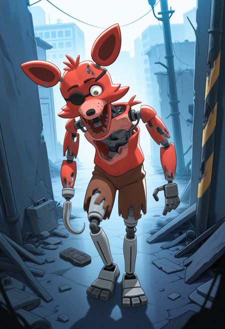 masterpiece,best quality,amazing quality,1boy, solo, f0xy, robot fox boy, orange fur, yellow eye, black eyepatch, single hook hand, damaged, torn brown shorts, full body, outside,