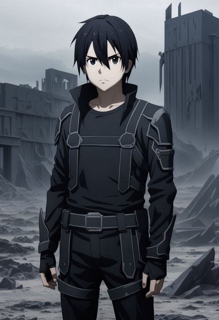 high resolution, professional photography, best quality, 1Boy, Kirigaya Kazuto, Black Hair, Black Eyes, overalldetail, dystopia, black jacket, black shirt, serious looking, black pants, armor, dark fantasy