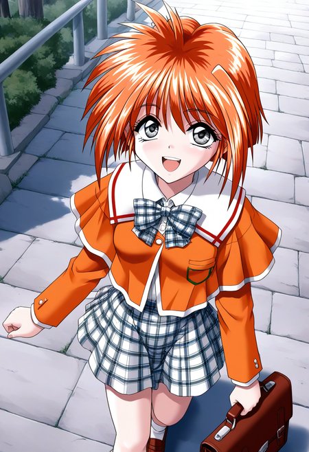general,highres, ultra-detailed,very aesthetic,best quality ,best hands, BREAK <lora:Kawahara_Ayano_Akumu_AoiKajitsunoSange_IS:1>
Kawahara_Ayano, 1girl, solo, short hair, orange hair, small breasts, grey eyes, bangs, 
orange school uniform, plaid skirt,  white and black skirt, open mouth, smile,  school bag, plaid bow, 
looking at viewer,  outdoors, long sleeves,  
bowtie,  holding bag, :d,  road, 
plaid bowtie, shirt, walking, standing, stairs, 
school briefcase,  from above,  day,