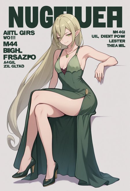 masterpiece, best quality, 1girl, solo, M4gil0u, green eyes, pointy ears, blonde hair, very long hair, hair between eyes, necklace, green dress, long dress, side slit, high heels, magazine cover, pose, photo shoot, posing, sitting, invisible chair, crossed legs, arm rest, smile, looking at viewer, <lora:ChamMagilouIllustriousXL:1>