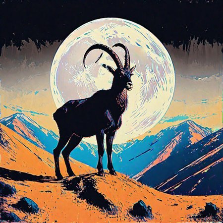 impactful color paint of, 1 walia ibex standing on top of a cliff under 1 white moon, black silhouette against white moon, black cliff, black  sky,