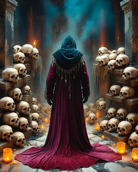 hooded human sorcerer standing in evil temple near a pile of skulls, raised dais, viewed from behind, velvet robe, volumetric lighting, intense colors, <lora:add-detail-xl:1.0>,  <lora:xl_more_art-full_v1:0.4>,   <lora:XSfenlie:1> fenliexl,  <lora:lora:1>, realistic photo