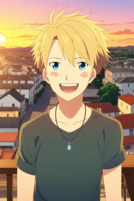 high resolution, solo, best quality, 1Boy, Yamato Ishida, Blond Hair, Blue Eyes, Necklace, laughing, very happy, sunset, looking at viewer,, OverallDetail
