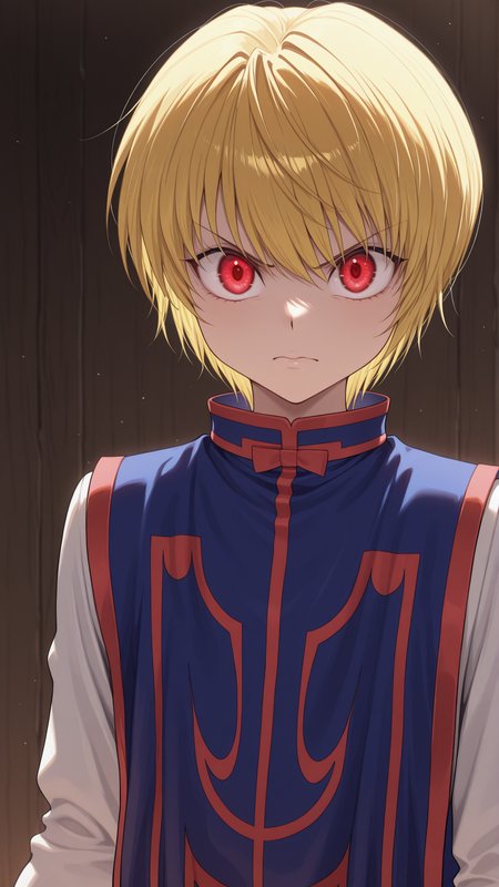 masterpiece, best quality, amazing quality, 1boy, solo,  <lora:IlluKurapika:1> illukurapika, blonde hair, short hair, red eyes, white long sleeves, tabard, red trim, upper body, angry, looking at viewer, v-shaped eyebrows,