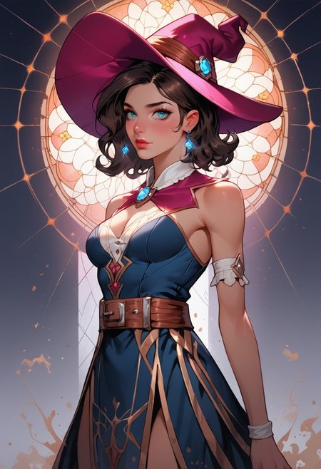 score_9, score_8_up, score_7_up, ((face focus, eye focus, dynamic angle, motion)), 1girl, fantasy, Tarot Card Style, witchkiri, sexy witch costume, witch hat, lace, cape, breathless intimacy, tanned skin, petite model bombshell, heart, young, delicate features, narrow pointy nose, tiny nose, brown hair, medium length hair, bob cut, lust, big eyes, seductive eyes, blue eyes, detailed skin, flared lashes, mascara, makeup, perky medium breasts, athletic body, narrow waist, skinny hips,
warm light, detailed, neon dark party
 BREAK
milky way, runes, arcane, astral, surreal, ethereal glow, masterpiece, best quality, intricate design. colorful, moonlit nightsky, stained glass aesthetic, moody whimsical color palette, murano glass, bold soldering lines, volumetric light shining through, crepuscular rays, intricate craftsmanship, detailed texture, luminous transparency, reflective light play, vivid hues, atmospheric depth, enchanting silhouette, art nouveau,