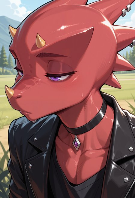 masterpiece,best quality,amazing quality, 1boy, solo, fl1ck, reptile boy, red skin, black choker, silver earrings, black shirt, black jacket, purple eyes, half closed eyes, outdoors, close up,
