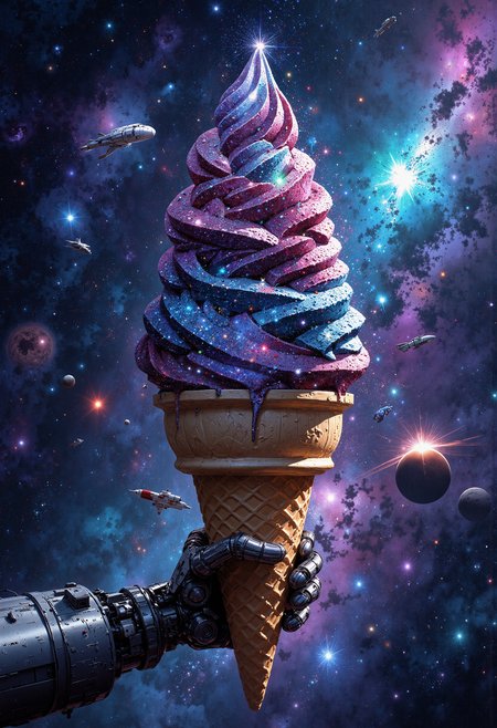 A colossal ice cream cone with swirling galaxies instead of ice cream, held by a robotic arm extending from the side of a spaceship. The ice cream is made of glowing stars, nebulae, and cosmic dust, with tiny spaceships and planets orbiting around the cone. The background is deep space, with colorful supernovas exploding in the distance. The scene is surreal and whimsical, blending the playful nature of ice cream with the vastness and mystery of space.  <lora:FluxMythP0rtr4itStyle:0.8> MythP0rt, <lora:aidmaMJ6.1-FLUX-V0.2:0.6> aidmaMJ6.1, <lora:sxz-Dark-Fantasy-v2-Flux:0.66> drkfnts style,