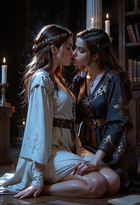 score_9, score_8_up, score_7_up, score_6_up, 2girls, 21 year old, ((night)), (wide shot),
((medieval)), short female scholar, kissing, female wizard,  sitting in alcove, library, choatic piles of books, candle light, high cut clothing, ornate, nighttime, magical sparks, ((deep v-neck)), stone pillar, head leaning back, romantic, reaching kiss, (ornate clothing), perfect figure, ((undressing)), ((robe on floor)), intimate

highly detailed skin, perfect hips, wide hips, highly detailed skin, glistening skin, gloom, movie still, ((perfect eyes)), ((Low-key lighting)), ((dark background))