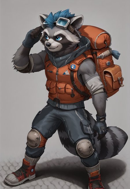 safe_pos, score_9, score_8_up, score_8, 1boy, anthro, black raccoon, grey and black and white furr , blue eyes, solo, male , fluffy long tail,red and white sneakers, full black jeans, hood, T-shirt with sleeves blue color , above the T-shirt is a tactical military vest with a sleeveless hood, ski goggles, tactical fingerless gloves,knee pads and greaves, backpack orange, black nose,sexy pose, in sity, predatory gaze, on the street, 