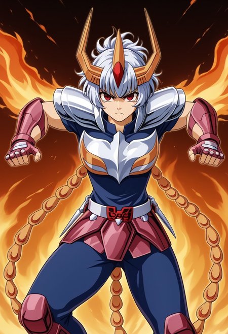 1girl, solo, fujiwara no mokou, white hair, red eyes, ofuda, silver breastplate, silver pauldrons, blue undershirt, magenta vambraces, magenta fingerless gloves, belt, belt buckle, magenta faulds, tail feathers, phoenix tail feathers, blue pants, magenta greaves, standing, serious, angry, jumping, fists, fire background, bird, fire bird, phoenix
