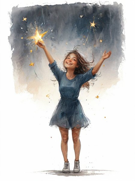 impactful color paint of cute drawing of happy woman catching sparkling stars in galaxy over white background,    <lora:Cute_Drawing:0.6>