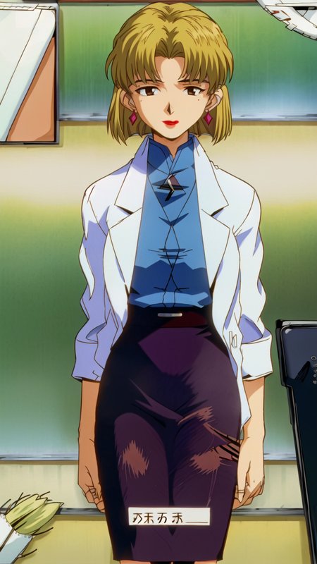 ((masterpiece)), (detailed), (1girl:1.2), (outside:1.6), (country side, japanese country side:1.4), ritsuko wearing a ((blue shirt, labcoat, pencil skirt,))  mole under eye, makeup, lipstick, red lips, earrings, short hair, ((blonde hair:1.6)), bangs, brown eyes,  (vhs:1.3), (analog quality:1.4), (film grain:1.6), <lora:ritsukoAkagi_v10:0.7> <lora:evangelion1995Style_v1:1>