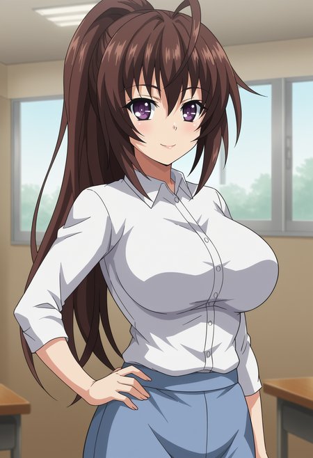 <lora:Suzuka_Ashiya-Pretty_x_Cation_2:0.8>,Ashiya,1girl,solo,brown hair,long hair,purple eyes,large breasts,ponytail,shirt,skirt,cowboy shot, hand on own hip, looking at viewer, smile,indoors