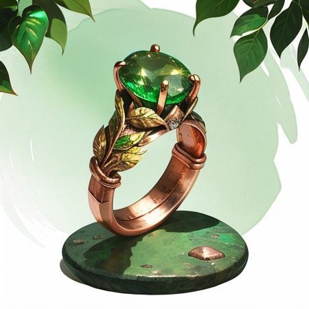 MagicItem_v1, magic ring with plant growing druid powers, ring body should be (copper and stone:1.3) should have emeralds arranged in botanical patterns.