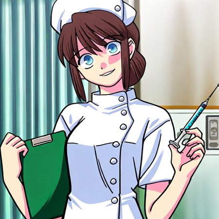 masterpiece, best quality, hospital room, blood splatters, blood smears, holding, holding needle, injection needle, looking at viewer,  head tilt, <lora:Tsukihime NXL:1>1girl,shirakawa_miho,blue eyes,brown hair,single hair bun,medium breasts,nurse,holding clipboard, nurse_cap ,scary smile, glassy eyed smile, cheerful smile, bubbly pose, <lora:shirakawa_miho-illus:0.9>,solo