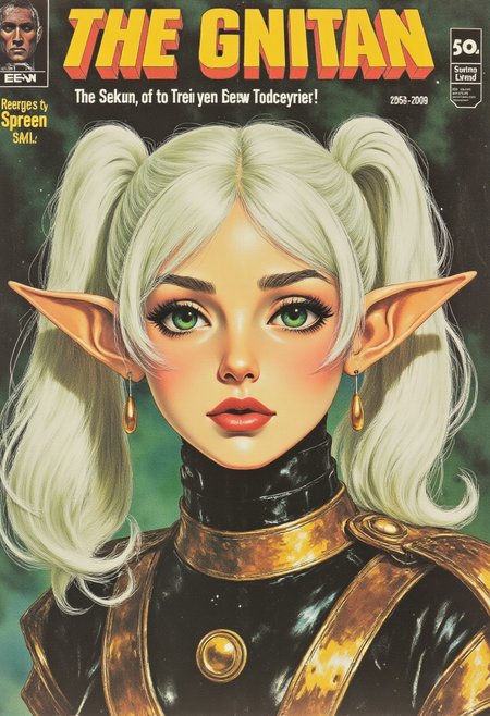 80s vintage pulp sci-fi magazine cover, nereirfpnxl, frieren, elf, pointy ears, green eyes, white hair, twintails