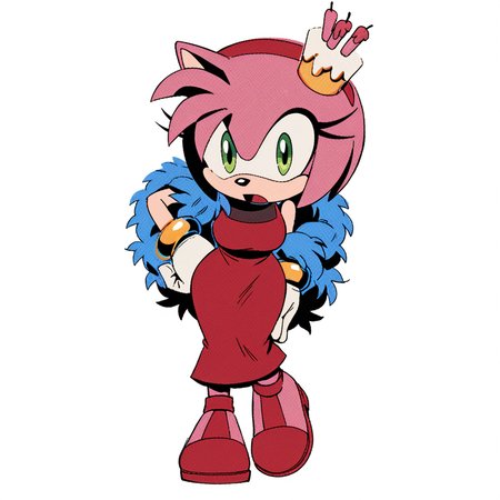 score_9, score_8_up, score_7_up, score_6_up, score_5_up, score_4_up, BREAK,  <lora:Amy_Rose:1>, amy rose, 1girl, looking at viewer, open mouth, simple background, gloves, white background, dress, jewelry, standing, full body, hairband, food, shoes, sleeveless, white gloves, skin tone arms, bracelet, hand on hip, red dress, crown, red footwear, furry, cake, furry female, red hairband, animal nose, solo, green eyes, animal ears, pink hair, pink fur, large breasts, wide hips,