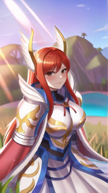 masterpiece, best quality, very aesthetic, absurdres, BREAK, 1girl, looking at viewer, cowboy shot, 
<lora:Farewell_Erza_Illu_Dwnsty:1>, erz_farewell, brown eyes, red hair, long hair, wing hair ornament, hair ornament, head wings, valkyrie, armored dress, shoulder armor, red cape, gauntlets, fur trim, boots, pauldrons,
large breasts, lips, light smile, wariza, 
grass, nature, island, forest, landscape, blue sky, cloud, sunlight, wind,