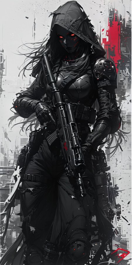 score_9, score_8_up, score_7_up,  thick lineart, sharp edges,  clear focus, A black and white sketch of an enigmatic woman with red eyes, dressed in dark armor and carrying two machine guns. Her long hair is tied back by a hood that covers her face completely. She stands tall against the backdrop of war-torn urban landscapes, creating a dramatic contrast between light and shadow. The style reflects cyberpunk aesthetics, with bold brush strokes adding intensity to the expressionism in the style of the artist.
<lora:sinfully_stylish_SDKL:1> <lora:add-detail-xl:1>