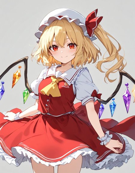 score_9, score_8_up, score_7_up, BREAK 
source_anime, best quality, masterpiece, rating_safe <lora:sdxl_lightning_8step_lora:1> BREAK 
1girl,  BREAK 
<lora:flan_nrm_v2_pony:1>flanN, flandre scarlet, (blonde hair:1.2), side ponytail, red eyes, red hair bow,hair between eyes, slit pupils, white headwear,
white puffy sleeves,white sleeves, short sleeves, red vest, yellow ascot, red skirt, frilled skirt, frills, miniskirt, wind,
simple background,white background, looking at viewer, smile, closed smile, blush,
